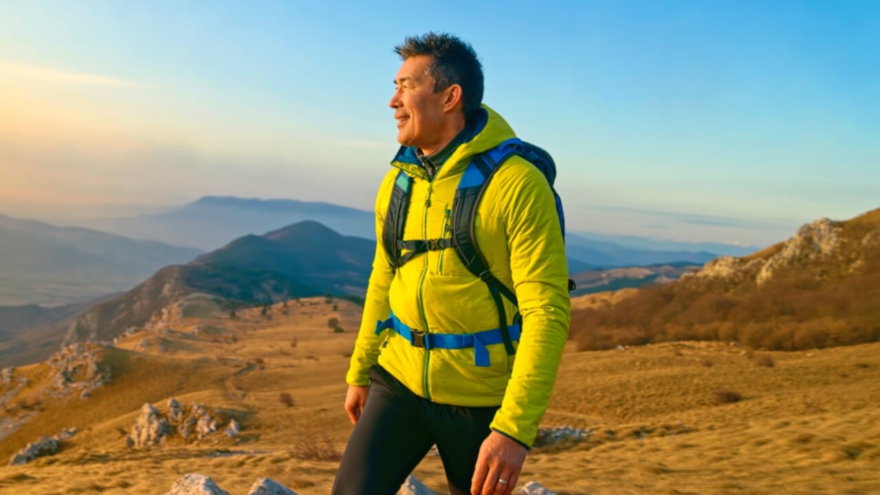 Mature man hiking hill