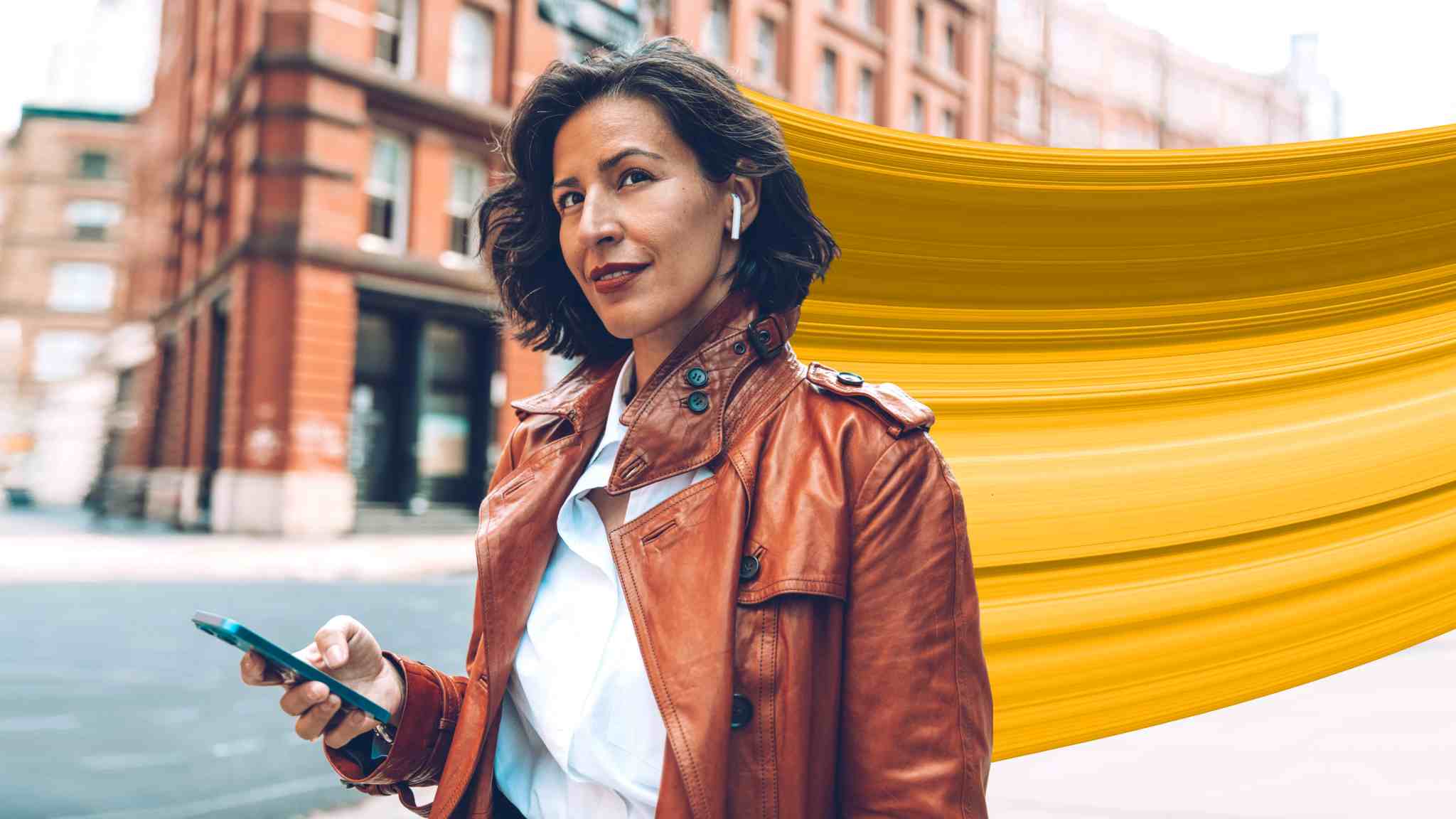 Female in leather jacket with whoosh